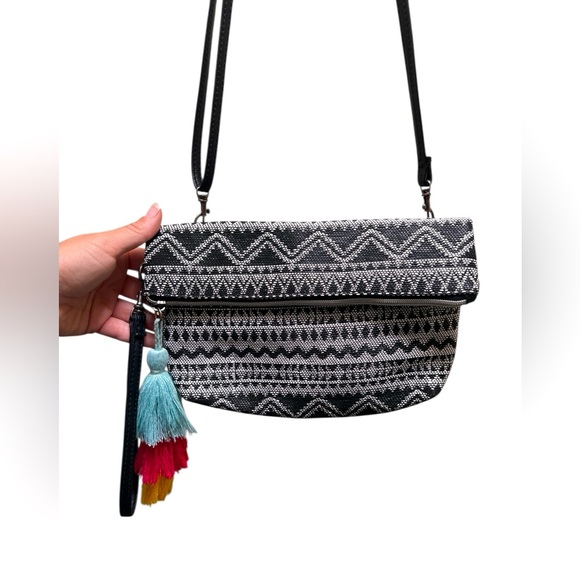 Bohemian Black and White Patterned Fold Over Crossbody Bag with Colorful Tassels - Picture 1 of 7